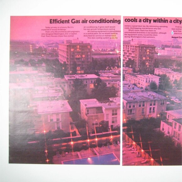 Vintage 1970s Ad Print Efficient Gas Air Conditioning Pink Cityscape Advertising - Picture 2 of 2